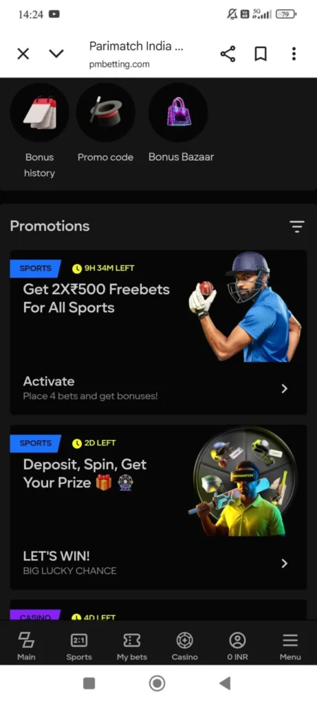 Parimatch Bonus Section