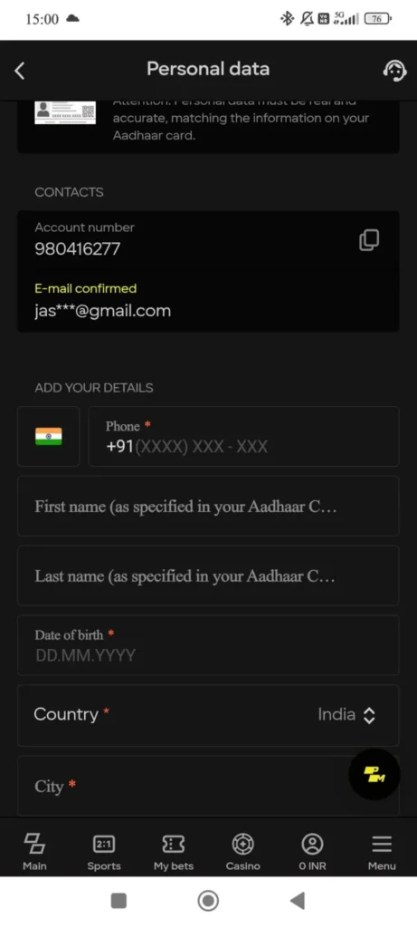 Parimatch Personal Details