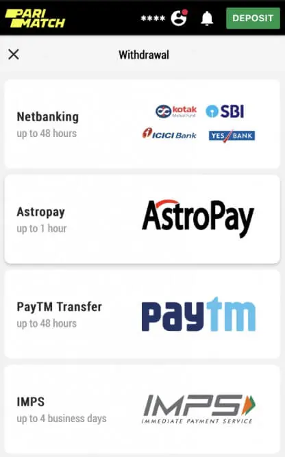 Parimatch Payment Methods