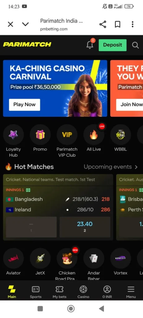 Parimatch Mobile Screen