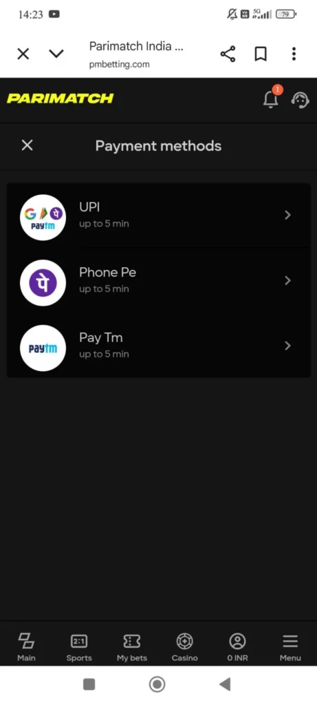 Parimatch Payment Methods