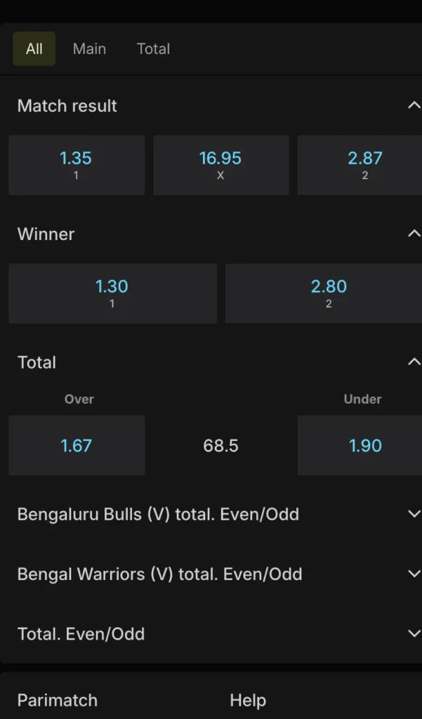 Match Winner Bet on Parimatch
