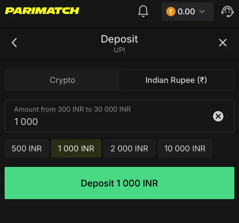 Parimatch Deposit through INR 