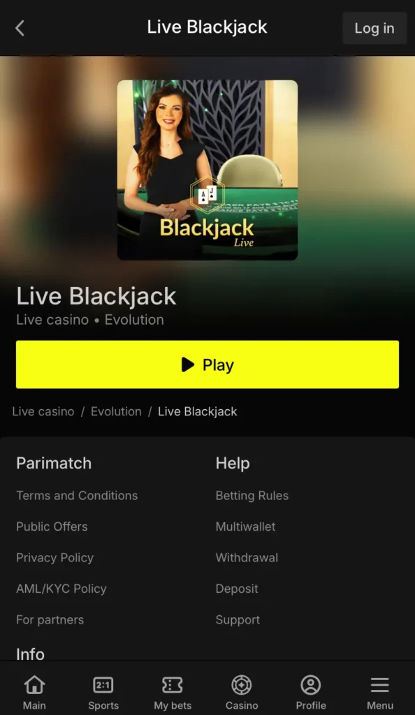Parimatch Live Blackjack