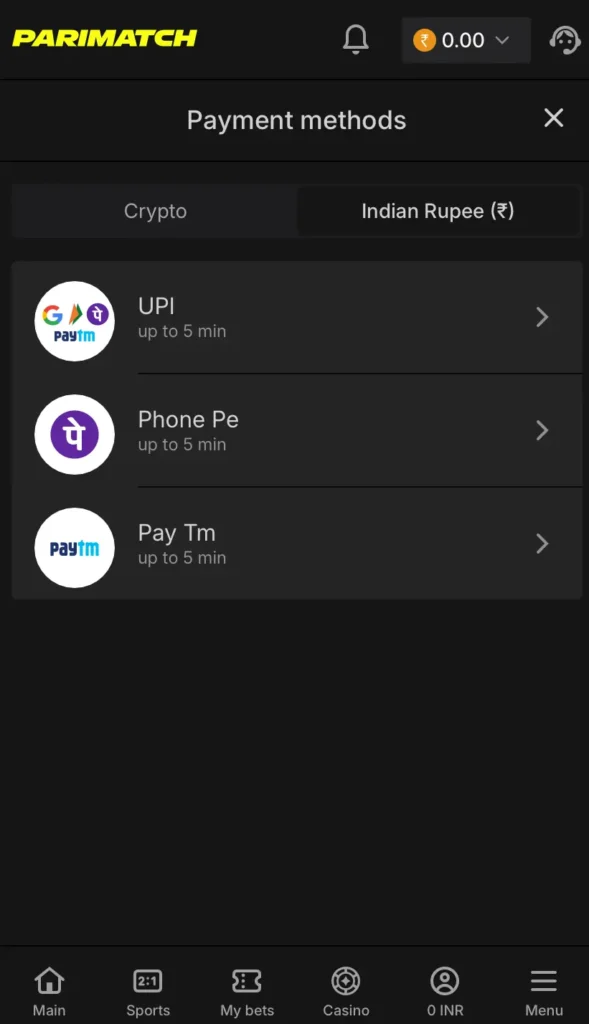Parimatch Traditional Payment Options
